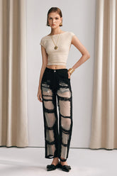 Chloe Mesh Siyah Düz Kot Pantolon